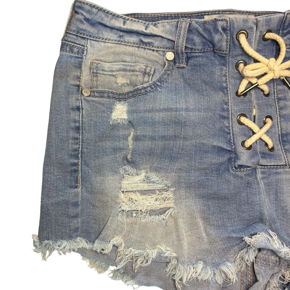 Refuge Lace Up Tie Front Cut Off Distressed Blue Jean Short Shorts sz 8 - Picture 9 of 13